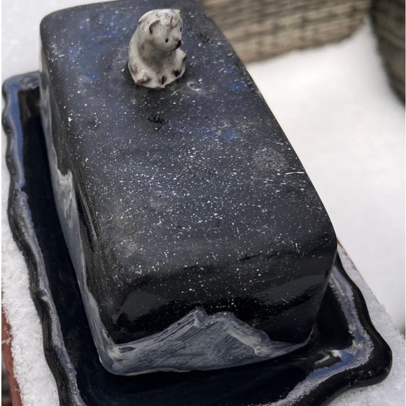 Handmade Ceramic Butter Dish with Hand-Painted Mountains with Polar Bear or Moon - Picture 4 of 4
